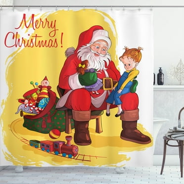 Ambesonne Christmas Shower Curtain, Happy Santa Moment Joyous, 69"Wx70"L, Pastel Yellow Multicolor