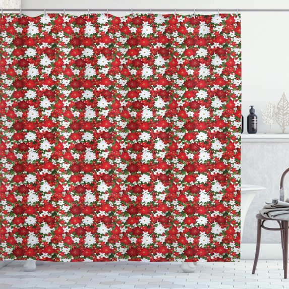 Ambesonne Christmas Shower Curtain, Holly Mistletoe, 69"Wx84"L, White Red Green