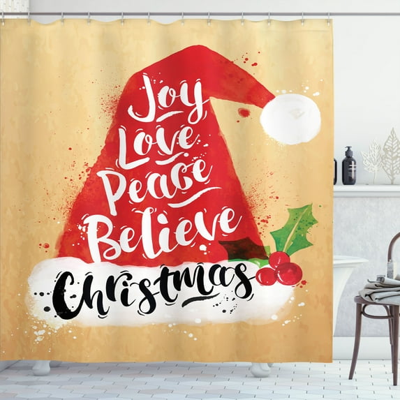 Ambesonne Christmas Shower Curtain, Joy Love Peace Believe, 69"Wx75"L, Pastel Brown Vermilion