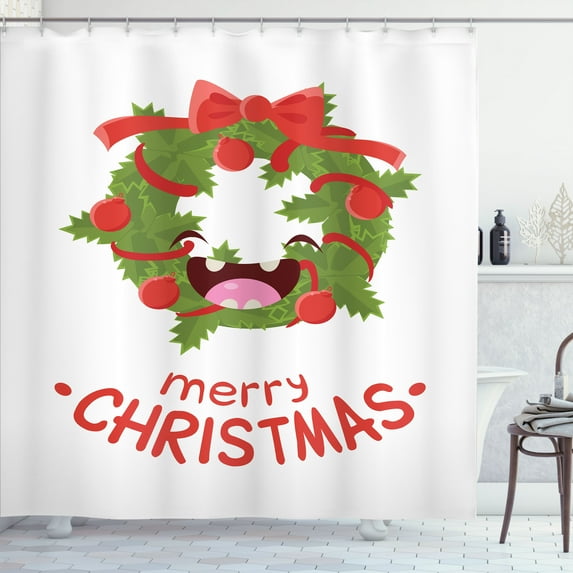 Ambesonne Christmas Shower Curtain, Laughing Wreath Ornaments, 69"Wx70"L, Olive Green and Dark Coral