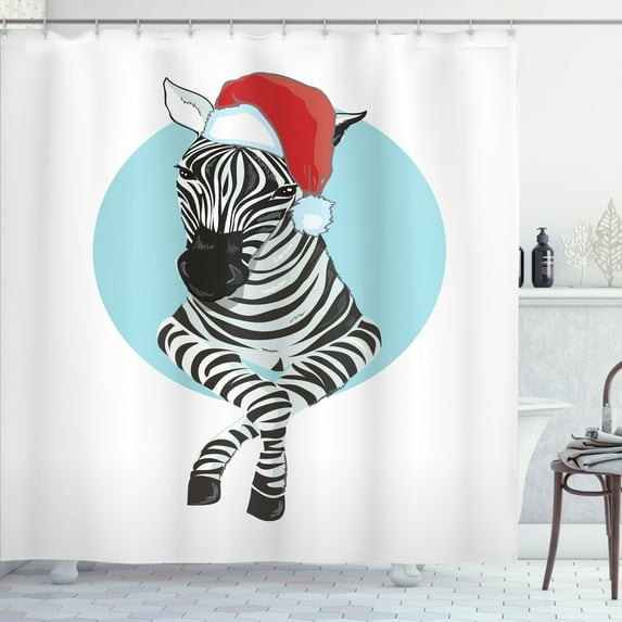 Ambesonne Christmas Shower Curtain, Modern Zebra Santa Hat, 69"Wx75"L, Pale Blue Dark Grey