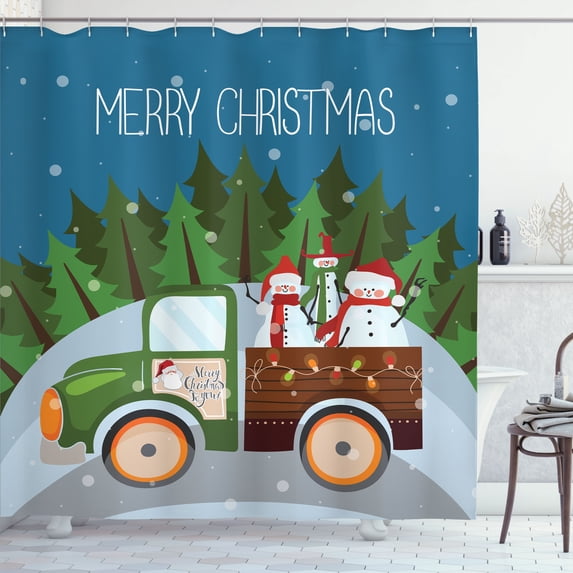Ambesonne Christmas Shower Curtain, Noel Truck with Snowmen, 69"Wx75"L, Olive Green Petrol Blue