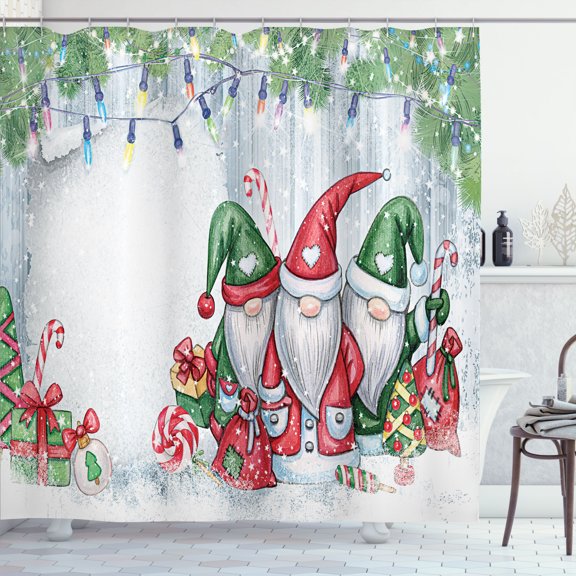 Ambesonne Christmas Shower Curtain, Nostalgic Gnomes Xmas Fun, 69"Wx70"L, Dark Pink Green Blue Grey