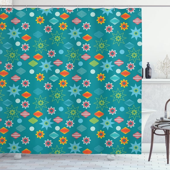 Ambesonne Christmas Shower Curtain, Ornate Colorful Elements, 69"Wx84"L, Teal Multicolor