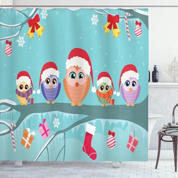 Ambesonne Christmas Shower Curtain, Owl Family Tree, 69"Wx70"L, Multicolor