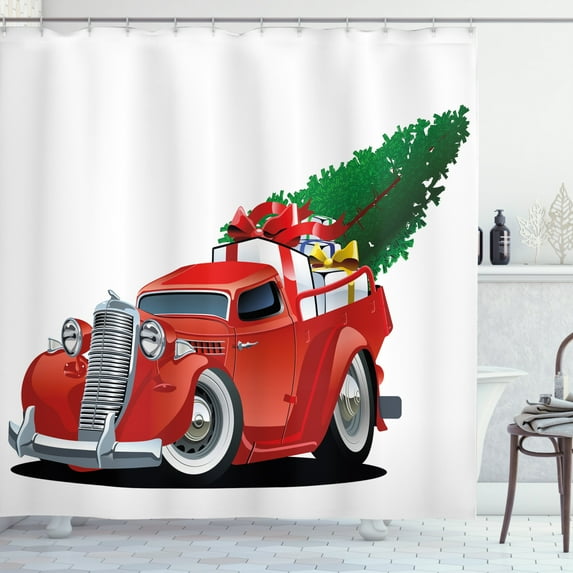 Ambesonne Christmas Shower Curtain, Red American Truck, 69"Wx84"L, Green White