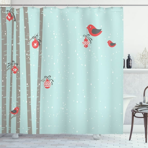 Ambesonne Christmas Shower Curtain, Red Bird Winter, 69"Wx70"L, Seafoam Coral