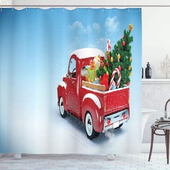 Ambesonne Christmas Shower Curtain, Red Truck Xmas Tree, 69"Wx70"L, Blue Red