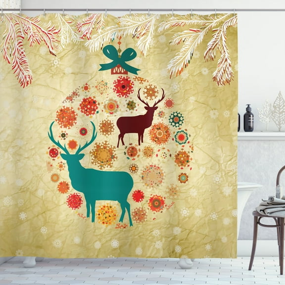 Ambesonne Christmas Shower Curtain, Reindeer in Winter, 69"Wx75"L, Beige