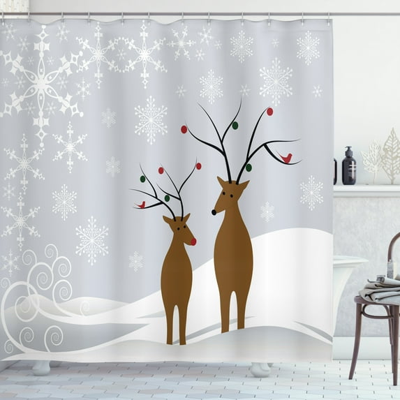 Ambesonne Christmas Shower Curtain, Reindeers Noel, 69"Wx70"L, Brown Pale Grey White
