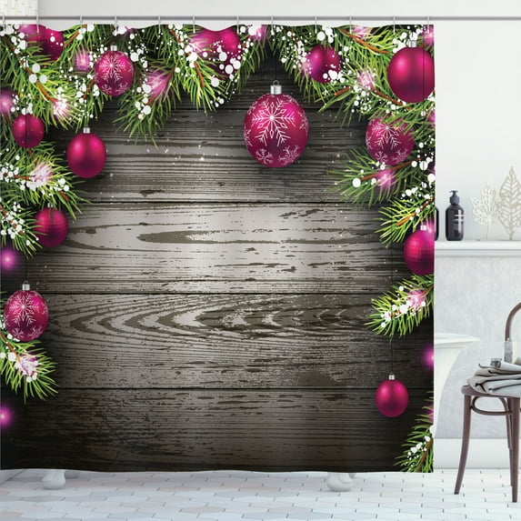 Ambesonne Christmas Shower Curtain, Rustic Balls Branch, 69"Wx70"L, Brown Pink