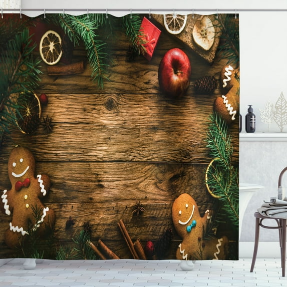 Ambesonne Christmas Shower Curtain, Rustic Lodge Wood, 69"Wx70"L, Brown Green