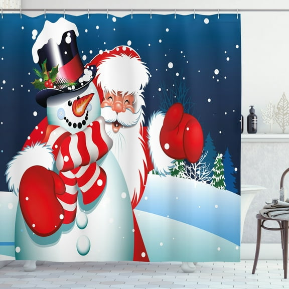Ambesonne Christmas Shower Curtain, Santa Snowman Hug, 69"Wx70"L, Blue Red White
