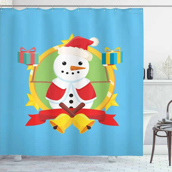 Ambesonne Christmas Shower Curtain, Santa Snowman Portrait, 69"Wx70"L, Sky Blue Multicolor