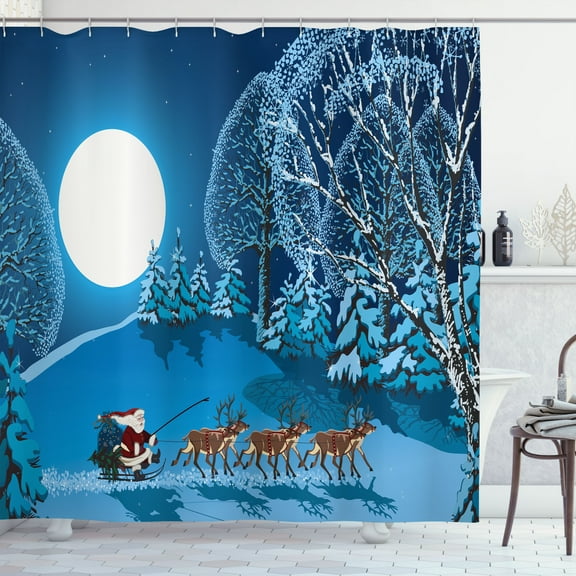 Ambesonne Christmas Shower Curtain, Santa Winter Forest, 69"Wx75"L, Navy Blue