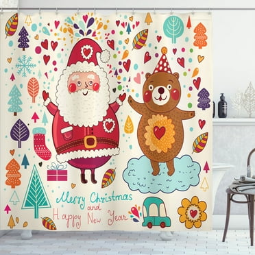 Ambesonne Christmas Shower Curtain, Santa and Teddy Bear, 69"Wx70"L, Multicolor
