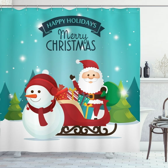 Ambesonne Christmas Shower Curtain, Santa in Sled and Snowman, 69"Wx84"L, Cadet Blue Multicolor