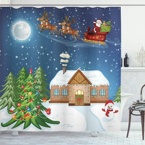 Ambesonne Christmas Shower Curtain, Santa with Rudolf, 69"Wx75"L, Multicolor