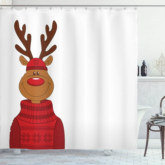 Ambesonne Christmas Shower Curtain, Smiling Cartoon Reindeer, 69"Wx70"L, Caramel Brown and Vermilion