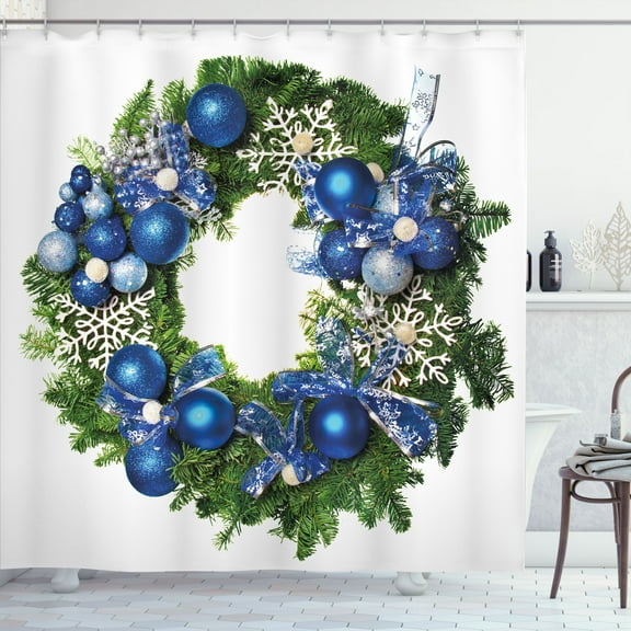 Ambesonne Christmas Shower Curtain, Snowflakes Wreath Ornate, 69"Wx70"L, Green Blue