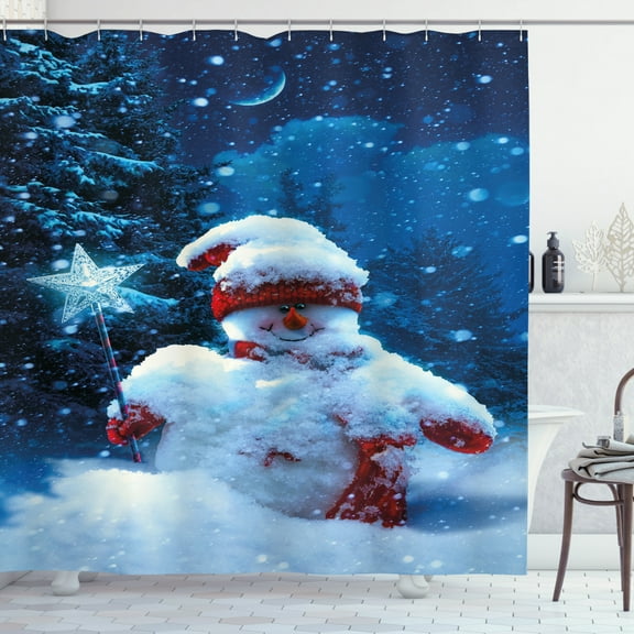 Ambesonne Christmas Shower Curtain, Snowman Magic Wand, 69"Wx84"L, Navy Blue Red White