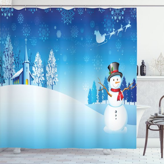 Ambesonne Christmas Shower Curtain, Snowman Winter Stars, 69"Wx84"L, Blue White