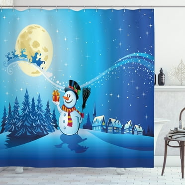 Ambesonne Christmas Shower Curtain, Snowy Land Pines Moon, 69"Wx70"L, Blue Eggshell White