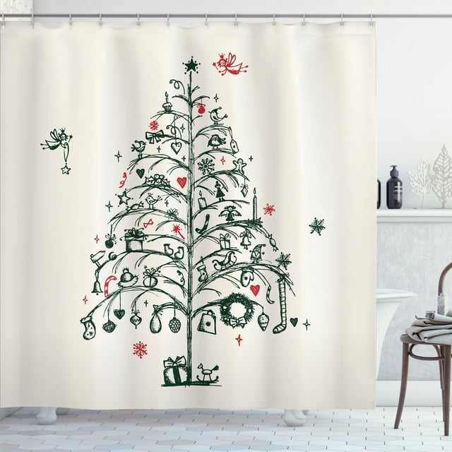 Ambesonne Christmas Shower Curtain, Tree and Fairies, 69"Wx75"L, Red and Green