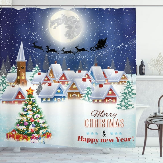 Ambesonne Christmas Shower Curtain, Winter Sky Moon Star, 69"Wx70"L, Navy White