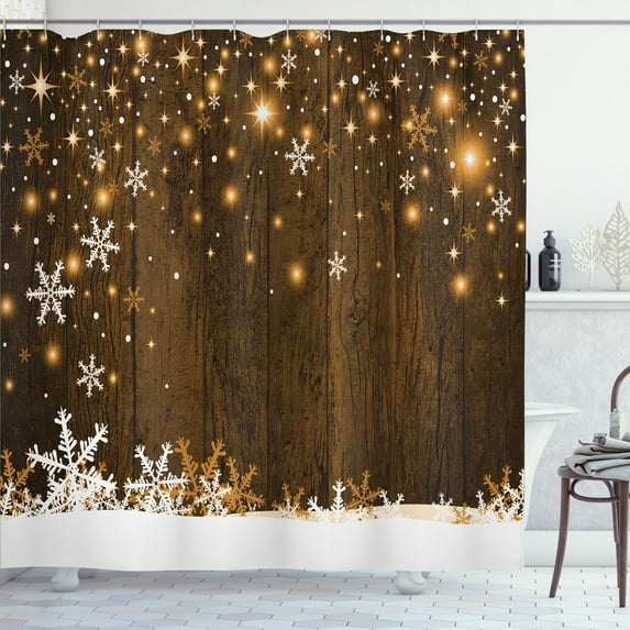 Ambesonne Christmas Shower Curtain, Wood and Snowflakes, 69"Wx84"L, Brown White