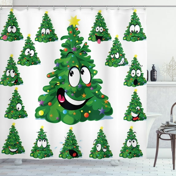Ambesonne Christmas Shower Curtain, Xmas Cartoon Funny, 69"Wx75"L, Green Yellow White