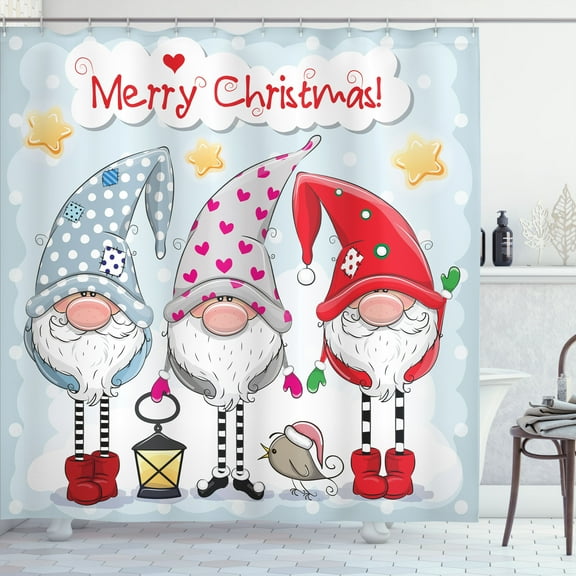 Ambesonne Christmas Shower Curtain, Xmas Composition Gnomes, 69"Wx70"L, Pale Blue Multicolor