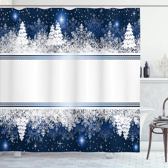 Ambesonne Christmas Shower Curtain, Yule Winter Border, 69"Wx75"L, Dark Blue White