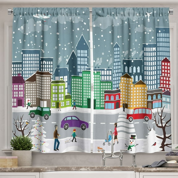 Ambesonne Christmas Snow Scene Kitchen Curtains, Winter City, 55"x39", Blue Grey Multicolor