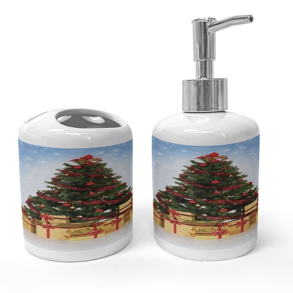Ambesonne Christmas Soap Dispenser & Toothbrush Holder Set, Fir Tree Snowy Weather, 2 Pcs, Blue and Mustard