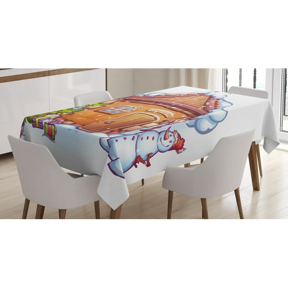 Ambesonne Christmas Tablecloth Rectangular Table Cover, Cartoon House, 60"x84", Caramel Green White