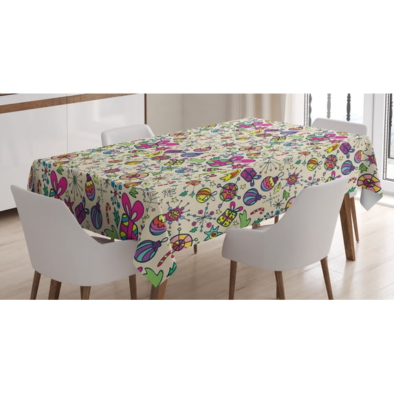 Ambesonne Christmas Tablecloth Rectangular Table Cover, Lively Rich Doodle, 52"x70", Multicolor