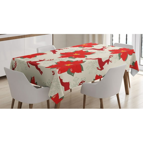 Ambesonne Christmas Tablecloth Rectangular Table Cover, Poinsettia Reindeer, 60"x90", Scarlet Ruby Beige