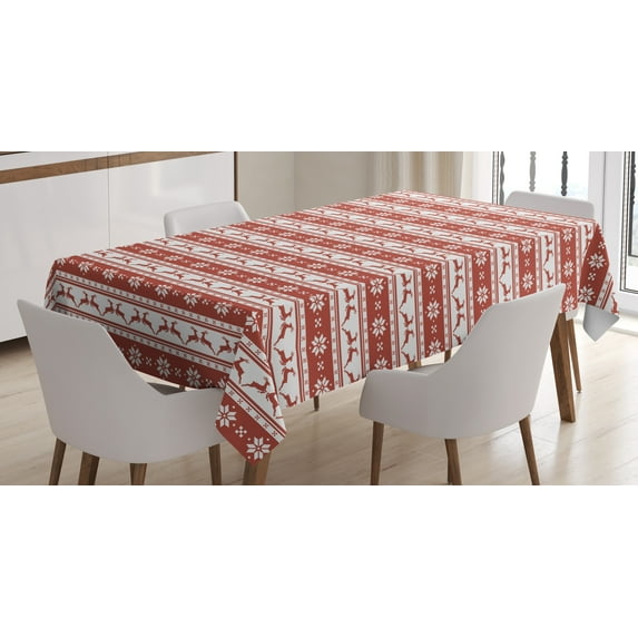 Ambesonne Christmas Tablecloth Rectangular Table Cover, Winter Deer Snowflake, 52"x70", Ruby White