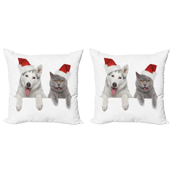Ambesonne Christmas Throw Pillow Cover 2 Pack, Animals Red Hats, 18", White Grey Red