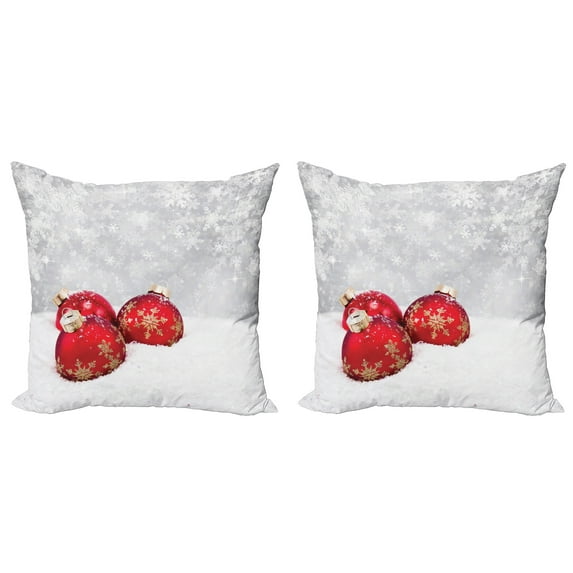 Ambesonne Christmas Throw Pillow Cover 2 Pack, Baubles on Snowflake, 24", Red White