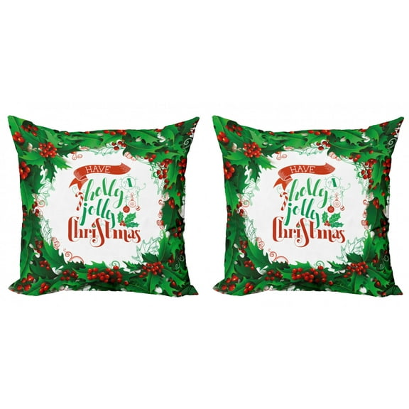 Ambesonne Christmas Throw Pillow Cover 2 Pack, Berries Frame Words, 16", Green Red and White