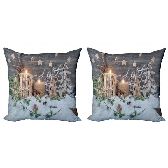 Ambesonne Christmas Throw Pillow Cover 2 Pack, Candles with Snowman Art, 18", White Brown