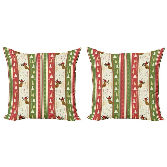 Ambesonne Christmas Throw Pillow Cover 2 Pack, Deer Pines Borders, 24", Green Dark Coral White