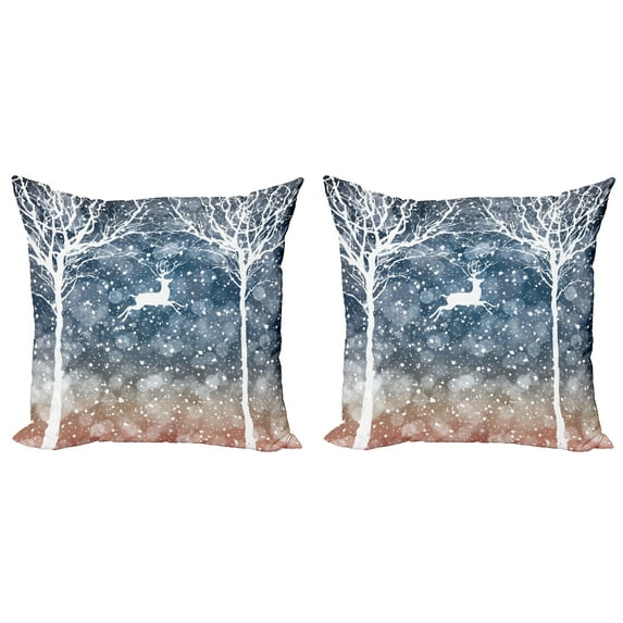 Ambesonne Christmas Throw Pillow Cover 2 Pack, Flying Deer Ombre Snow, 16", Blue and White