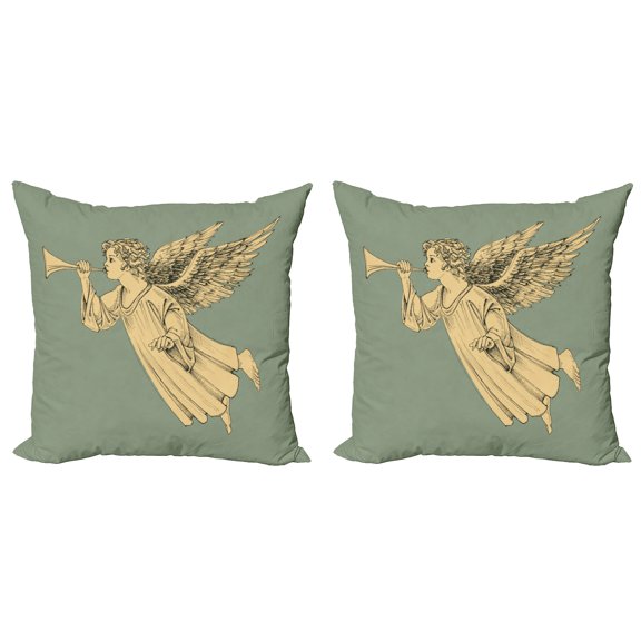 Ambesonne Christmas Throw Pillow Cover 2 Pack, Flying Ornament Joy Art, 16", Yellow Laurel Green