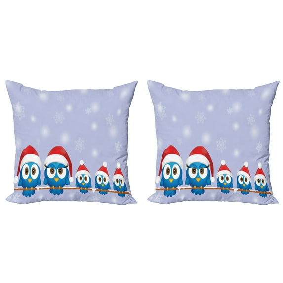 Ambesonne Christmas Throw Pillow Cover 2 Pack, Fun Birds Santa Hats, 24", Blue Red