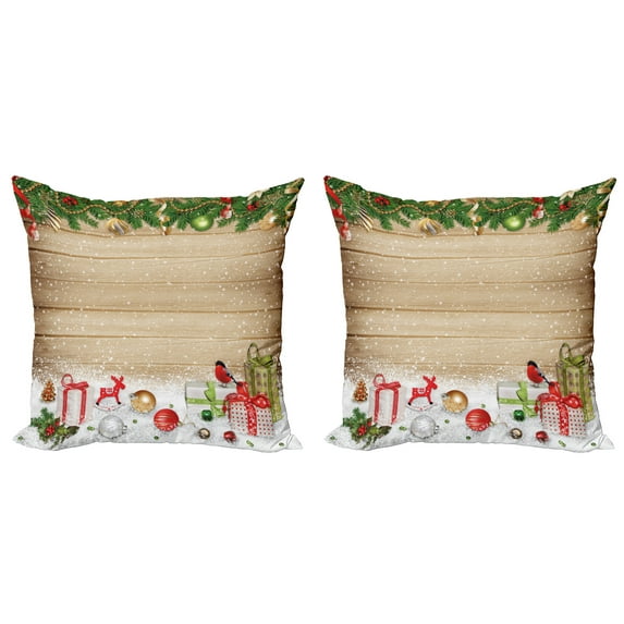 Ambesonne Christmas Throw Pillow Cover 2 Pack, Pine Wood Planks Snow, 18", Multicolor