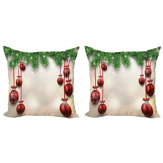 Ambesonne Christmas Throw Pillow Cover 2 Pack, Red Balls Ribbons, 16", Green and Red