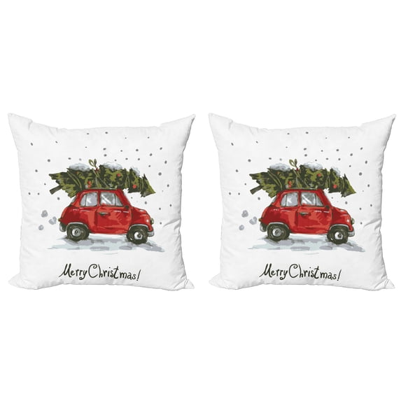 Ambesonne Christmas Throw Pillow Cover 2 Pack, Retro Car with Tree, 24", Green Vermilion